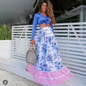 COPY - White and Blue Tiered Maxi Skirt Resort Wear